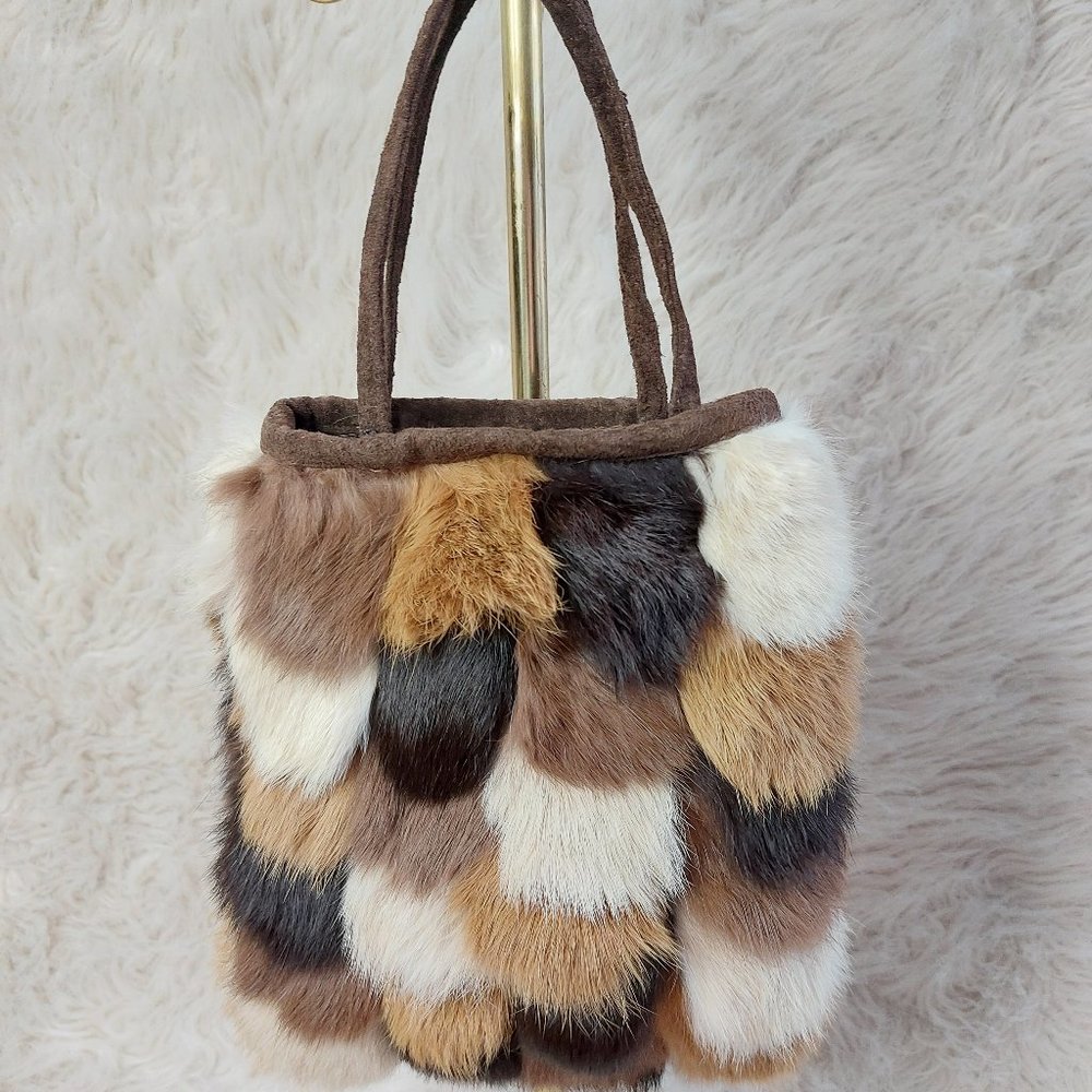 Firenze Collection Women's Brown and Tan Rabbit Fur Small Hand Bag